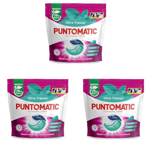 PUNTOMATIC | Cápsulas Tricámara Frescor | Detergente Lavadora para Ropa Blanca y de Color | Quitamanchas | 12 lavados (Paquete de 3)