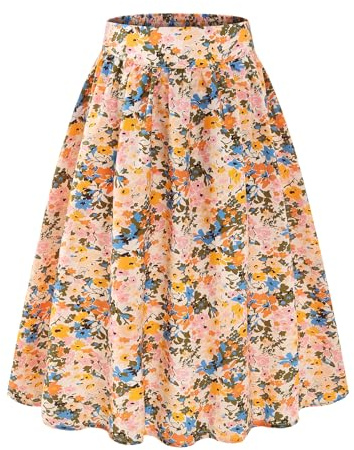 Bbonlinedress Jupe Femme Eté Imprimée Vintage Mi Longue Jupe Chic et Elegant Evasée Décontractée Taille Haute pour Cocktail Soirée Bal Plage Vancances White Mixed Flower M