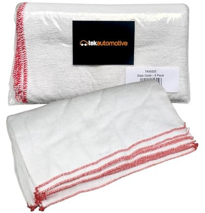 Tek Automotive Large Cotton Dish Cloths – 5 Pack, White Bleached, 15x12 Inch, Dish Cloths for Washing Up & Kitchen, Durable Cotton Dishcloths for Cleaning Home or Car