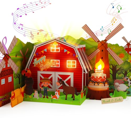 Carte d'anniversaire musicale 3D pour enfants, motif ferme 3D, avec musique, lumière et soufflage de bougie, Happy Birthday, chantant, pour enfants, filles et garçons