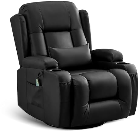 LIFTSHA Relaxsessel mit Liegefunktion, Massagesessel mit Wärmefunktion, 360° Drehbarer Fernsehsessel Wohnzimmer, Schaukelstuhl mit Kissen/Seitentaschen/Getränkehalter (Schwarz)