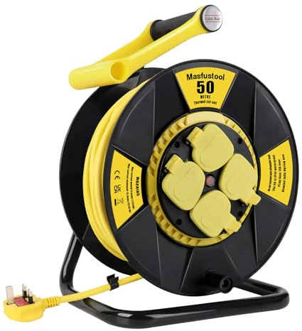Masfustool 50M Extension Outdoor or Indoor Lead IP44 Rated, 4 Socket Extension Reel, Heavy Duty Extension Cable, Thermal Cut Out, UK Outdoor Plug, Dust-Proof Extension Lead for Garden, Garage,Camping