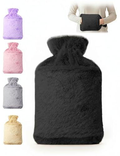 KEPLIN Hot Water Bottle 2L with Soft Faux Fur Cover, Leakproof Natural Rubber, Long Lasting Warmth for Neck, Back & Hands, Fluffy Cosy Design for Men & Women, Winter Comfort - Black
