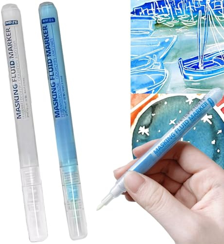 2Pcs Masking Fluid Pen Set for Watercolour Painting, Art Supplies with 0.7mm Precision Tip, Masking Fluid Marker Pen for Adults Arts and Crafts, Drawing Pens and Watercolor Art Pens#White & Blue