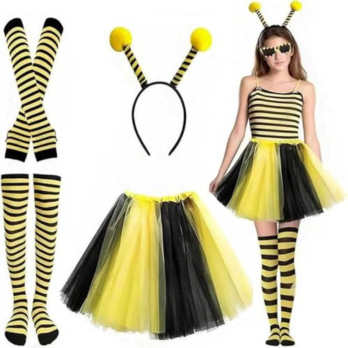 Ayucanpeng Disfraz de Abeja para Mujer,Diadema con Antenas, Falda de Tul, Guantes a Rayas y Medias,Lunettes de soleil,Disfraz de Abeja para Cosplay Carnaval