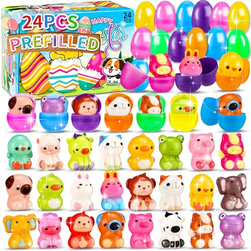 Zunaco 24 Pcs Prefilled Easter Eggs for Kids with Animal Squishy Toys, Easter Eggs Filled for Egg Hunt, Basket Stuffers & Goodie Bag Fillers, Classroom and School Prize Supplies