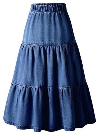 RoseSeek Girl's Ruffle Hem Denim Maxi Skirt High Waisted A Line Skirts Retro Vintage Outfits Dark Wash 11Y