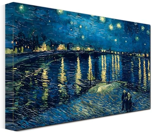 Quadro stampa su tela - Riproduzione Notte stellata sul Rodano di Vincent Van Gogh Quadri tela opere d'arte pittori famosi per Soggiorno, salotto e Camera da Letto - Telaio in legno 3 CM - 120X80 CM