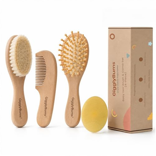 GigglyBums Baby Hair Brush and Comb Set, 4 Piece Newborn Grooming Kit, Natural Wooden Brush with Soft Goat Bristles, Beechwood Comb, Cradle Cap & Scalp Brush, Baby Shower Gift for Newborn Toddler