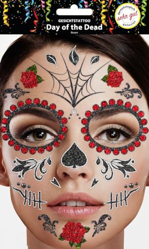 Gesichtstattoo - Glitzer Aufkleber Klebetattoos Temporäres Glitter Face Tattoo Motto Party Karneval Halloween (Day of Dead Rose)