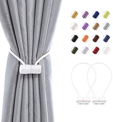 Pretty Jolly 2 Pack Magnetic Curtain Tiebacks 16 Inch Modern Handmade Weave Rope Curtain Holdbacks Convenient Decorative Curtain Drape Tie Backs for Home and Office Window Drapery (White)