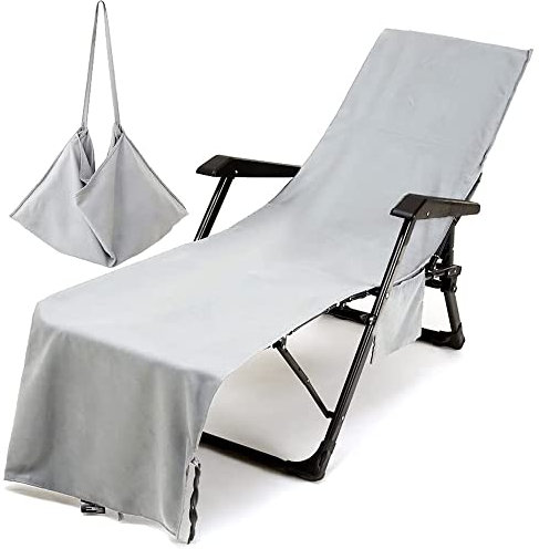 Morbuy Portable Solid Color Beach Towel, Beach Chair Cover Towel, Sun Lounger Beach Towel with Pockets, Microfiber Chaise Lounge Towel Cover for Summer Outdoor Garden Pool Vacation Travel (Grey)