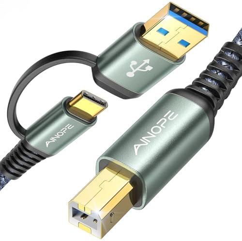 AINOPE Printer Cable to USB, 480Mbps Printer USB B to USB C MIDI Cable Nylon Braided Type B Cord for MacBook Pro, HP Canon Brother Dell Epson Lexmark DAC,MIDI Keyboard, 6.6FT, Grey