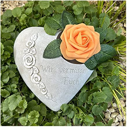 Radami Grabherz Rosenranke - Wir vermissen Euch - Grabschmuck Gedenkstein Trauerherz für Grablicht weiß 1,8 kg Handarbeit/Hand bemalt