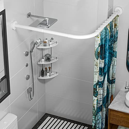 SIKAIQI Tringle à rideau de douche extensible en acier inoxydable 304 en forme de L (blanc, 68.6,99.1x68.6,99.1 cm), installation sans perçage, pour salle de bain, magasin de vêtements, espace privé