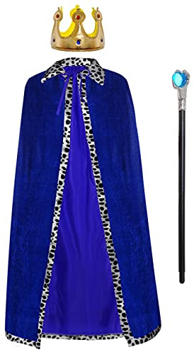 jerbro 3pcs Royal King Robe Queen Velvet Coat Costume + King Queen Crown + Sceptre for Women Men Halloween Adult Theme Party Theatre Fancy Dress Cosplay Carnival Fancy Dress