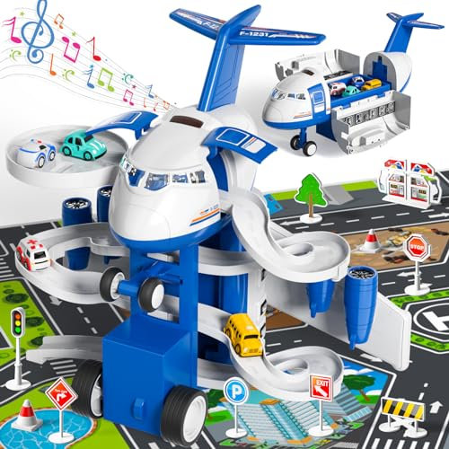 Airplane Toys with Toy Car Track Set, Airplane Toys for 2+ Year Old, Garage Parking Lot Playset with 14 Road Signs 4 Inertial Cars 1 Map, Toddler Boy Toy Birthday Gift for 2 3 4 5 6 Years Old