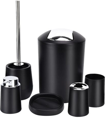Tissting Juego Accesorios de Baño Negro 6 Piezas con Bote Basura, Escobilla de Baño, Soporte para Cepillo Dientes, Dispensador Jabón Loción, Jabonera, Taza, Juegos de Accesorios Baño ABS