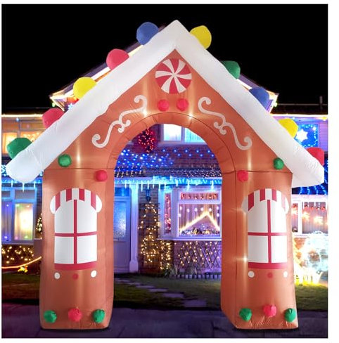Christmas Inflatable Gingerbread House Decorazioni per esterni con arco gonfiabile natalizio da 10 piedi, decorazioni gonfiabili per esterni con arco di Natale gigante e luci LED integrate