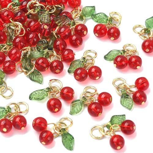 Ipotkitt 30 Stück rote Kirsch-Charms, Glas- und Acryl-Perlen, Mini-Charms, niedliche Obst-Perlen für Ohrringe, Armbänder, Halsketten, Schmuckherstellung, DIY Handwerk