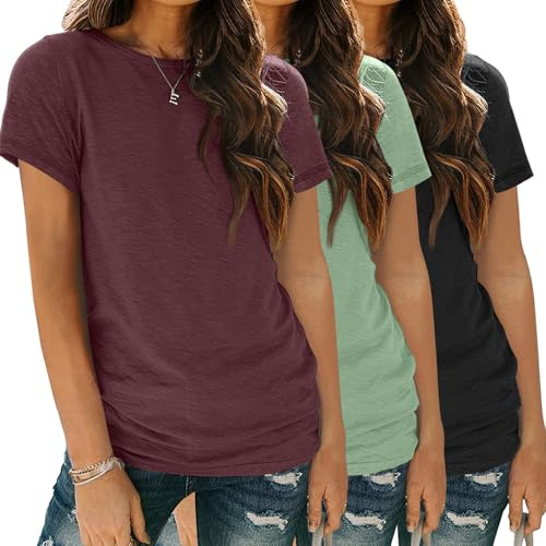 SUNBS Womens Summer Tops Short Sleeve T-Shirts Fashion 3 Pack Basic Tees Comfy Clothes Workout Casual Vacation Outfits 2026 RedGreenBlack L