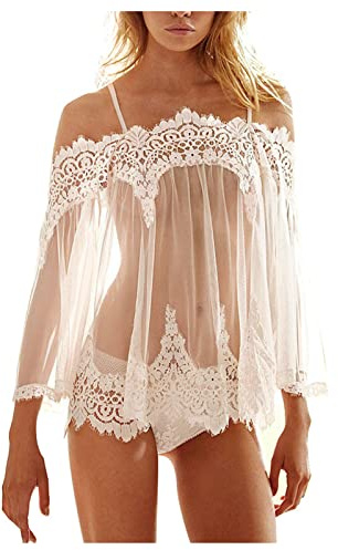 Lace Lingerie Set Sexy UK Sale Clearance Mesh See-Through Chemises Lace Smock Lingerie Teddy Nightwear Sleepwear Mini Babydoll Sheer Gown Kimono Robe Underwear with Thong G-String White