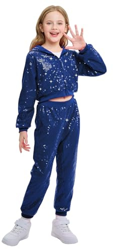 LOLANTA Enfant Costume de Danse Hip Hop à Paillettes Vêtements de Street Dance Ensemble Veste-pantalon, Bleu, 11-12 ans, 160
