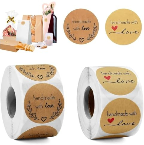 KLYNGTSK 1000 PCS Handmade with Love Stickers,Self-Adhesive Label Decor for Homemade Gifts,Round Baking Kraft Label Stickers,38 mm Jam Labels,Baking Canning Gift Tag Labels to Write On for Jars, Jams