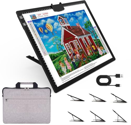 HIUKCOLED Rechargeable A3 Light Pad with Diamond Painting Light Board Carry Bag, Built-in Foldable Stand＆top Clip, 3 Colors/Stepless/6-level Brightness, Battery Powered Wireless LED Tracing Box
