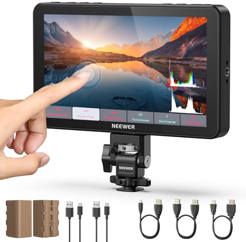 NEEWER 7 F700 Monitor Campo Cámara, Pantalla Táctil IPS 2000nit con LUT 3D, Entrada/Salida Bucle HDMI 4K con Peak Focus DSLR Video Assist HDR Waveform, Zapata Fría Mount, 2 Baterías NP-F750 y Cable