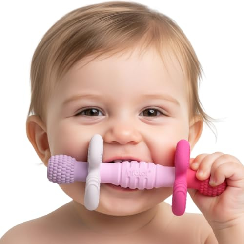 Infatot® Barbell Buddy – Teething Toys for Baby, Soothing Teether with Multiple Teething Textures, BPA‑Free Silicone Teether for Babies 3 Months Plus (Petal)