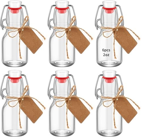 eispap 6Pcs Red Lid 2 oz Mini Swing Top Glass Bottles, 60ML Mini Storage Bottles, with Lids Kraft Decoration,Small Glass Bottles,for Wedding Themed Party Favors (6)