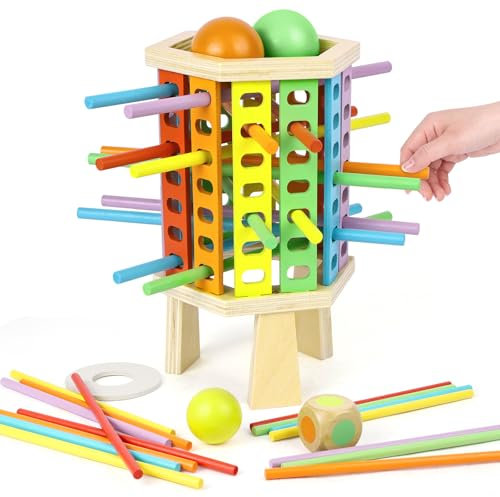 Vicloon Jeu de Société en Bois Montessori, Jeux de Bâton Coloré avec 30 Bâtonnets Colorés & Dés, Jeu de Tour en Bois pour Motricité Développement, Jeux de Famille pour Enfants et Adultes