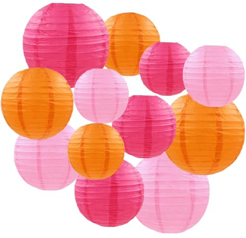 12 Stück Rosa und Orange Papier Lampions,Runde Papierlaterne Papier Laterne für Hochzeitsdekorationen, Geburtstagsfeier,Gartenparty Deko