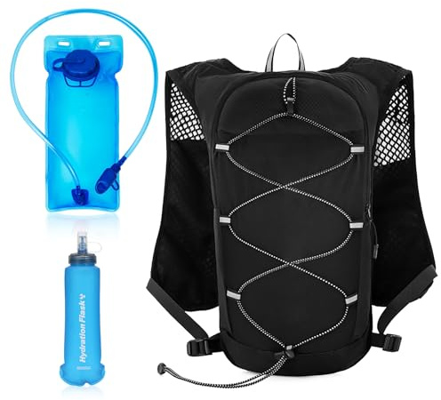Mochila Hidratacion, Chaleco Hidratacion Trail Running con Bolsa de Hidratación 2L y Botella 500ml, Mochila Running Hombre Mujer con Correa Pecho Ajustable Reflectante, Chaleco con Peso para Entrenar