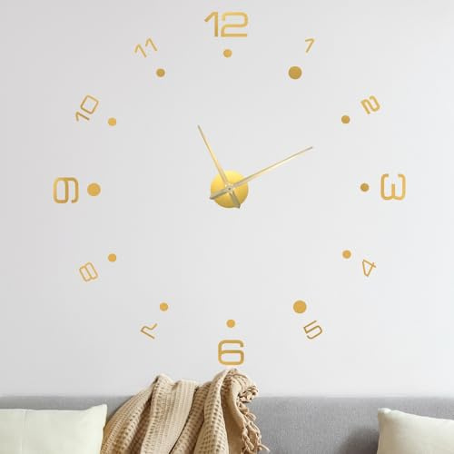 M METERXITY 1-Pack 3D DIY Wall Clock,51 Inch Modern Frameless Battery Operated Surface with 12 Mirror Numbers Stickers for Living Room/Office/Home/Surface Wall Decor [Gold]
