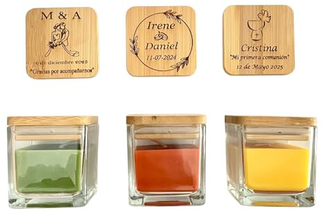 regalo grabado – Velas Personalizas | Cantidad (30) | Velas Boda, Comunion, Bautizo | Tarro Cristal con Tapa de Bambú | Aromas Limón, Naranja, Manzana, Vainilla | Opcion aromas surtidos