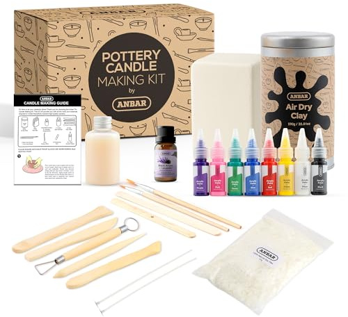 Anbar Creative Pottery Clay Candle Making Kit for Adults and Kids - Complete DIY Set with Air Dry Clay, Soy Wax, Essential Oil, Sculpting Tools & Acrylic Paint Create Your Own Custom Scented Candles