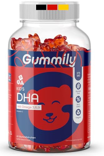 Gomitas de DHA para niños - 275 mg de Omega 3, 6 y 9 de aceite de algas - Con vitamina C para el sistema inmunitario, el cerebro y la vista - Veganas y sin gelatina - Delicioso sabor a manzana