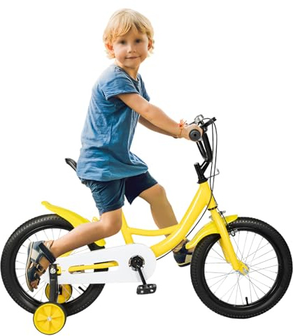 GIDRLL Vélo enfant 41 cm réglable en hauteur pour garçon et fille à partir de 4-6 ans avec roues stabilisatrices et système de freinage double (Jaune)