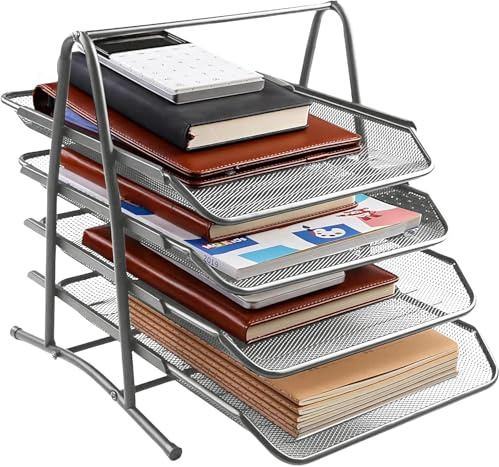 Organizador de Escritorio de Malla Metálica con 4 Bandejas, Soporte de Archivos para Documentos A4, Estante Apilable para Documentos y Papelería, Ideal para Oficina y Hogar, 4 Niveles, Plateado