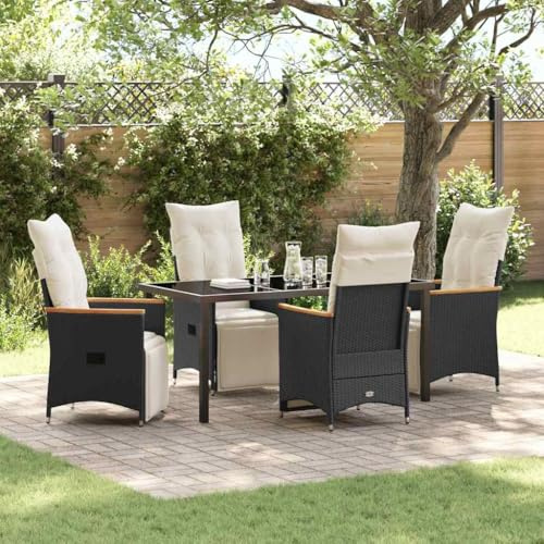 Owoxanthellate Gruppo da giardino 5 pezzi in rattan sintetico nero con sedia a sdraio da 110 kg, tavolo in vetro trasparente e cuscino resistente alle intemperie per balcone, terrazza e piccoli