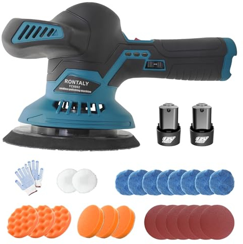 Set professionale di lucidatrice per auto, con 2 batterie da 3,0 Ah + caricatore e 24 accessori, controllo della velocità fino a 6 livelli (fino a 6000 RPM), lucidatrice senza fili per trattamento