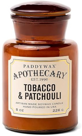 Paddywax Artisan Apothecary Scented Candle with Lid in Reusable Glass Jar, Clean-Burn Soy Candle with Approx. 54 Hour Burn Time, Tobacco & Patchouli, 8 oz.