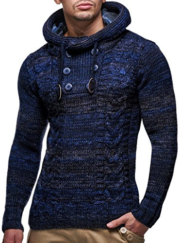 Leif Nelson Men's Pullover Knit Sweater Hooded Hoodie LN-20227 Dark Blue Small