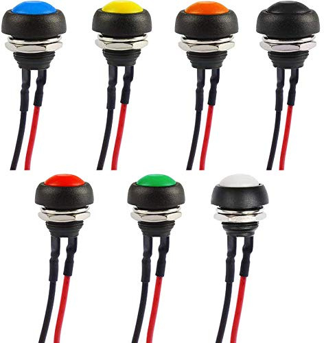 RUNCCI-YUN 7Pcs bouton poussoir 12mm Étanche ，rond interupteur push，Interrupteur d'alimentation 12mm，mini bouton on off， 7 Couleurs commutateurs momentanés(avec Fil)