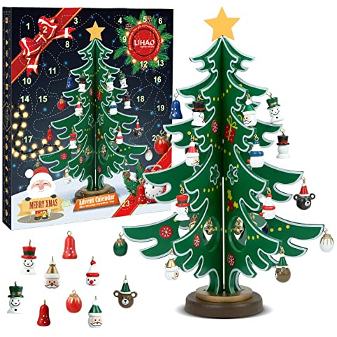 LIHAO Calendrier de l'Avent 2025, Mini Sapin de Noël en Bois pour Decorations Noel Table Cadeaux Enfants