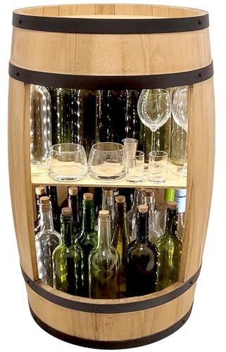 weeco Minibar Schränk LED Rustikal Bartisch mit Holz 82cm Fass Vintage deko Hausbar Gin Whisky Bier - Weinfass Stehtisch Holzfass für Gläser und Flaschen - Wine Rack Geschenk für Mann