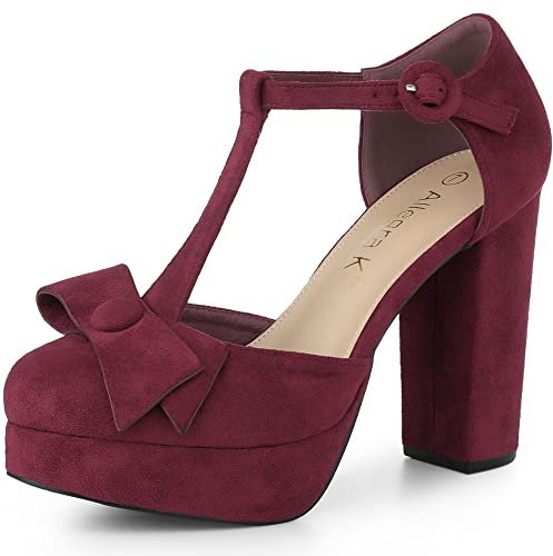 Allegra K Women's Round Toe Block Heel T Strap Pumps Burgundy 5 UK/Label Size 7 US