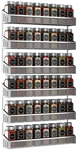 2 Pack Large Spice Rack Wall Mounted Hanging Storage Rack for Jars Metal Chrome Narrow Wall Mounted Kitchen Cupboard Interior Cabinet Doors Silver Grey